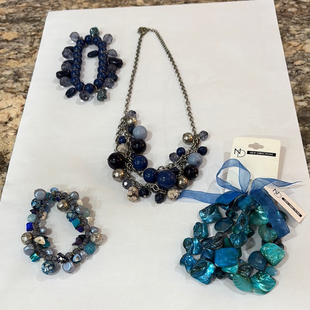 NWT 6  Piece Blue and Silver Beaded Necklace and Bracelet Set